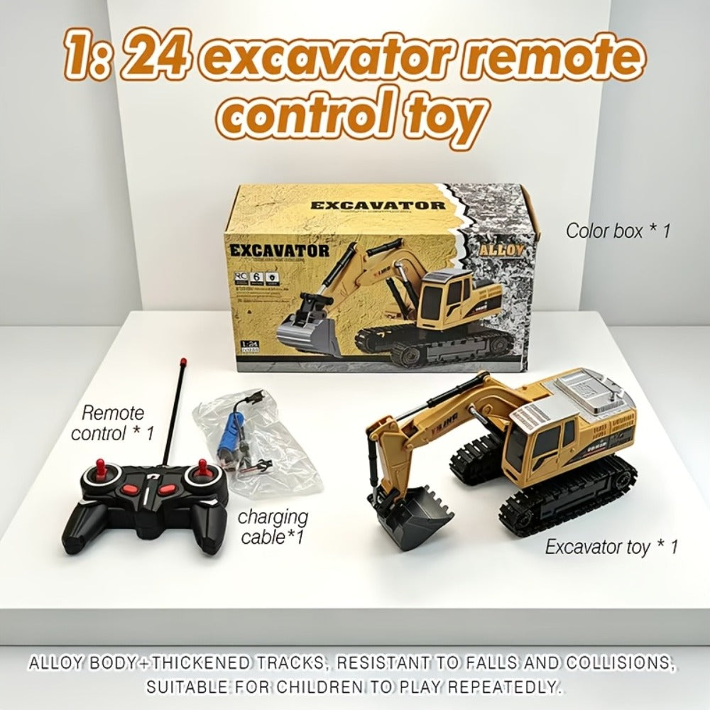 RC Excavator Toy 1:24 Scale 2.4GHz 9-Channel Remote Control with Alloy Metal Cap Lights & Sound Rechargeable Battery — image 