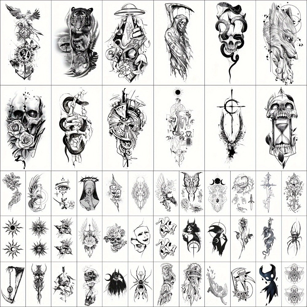 Temporary Tattoos GLARYYEARS 48-Piece Black Skull, Snake and Dark Art Set with 12 Large and 36 Small Sheets — image 1