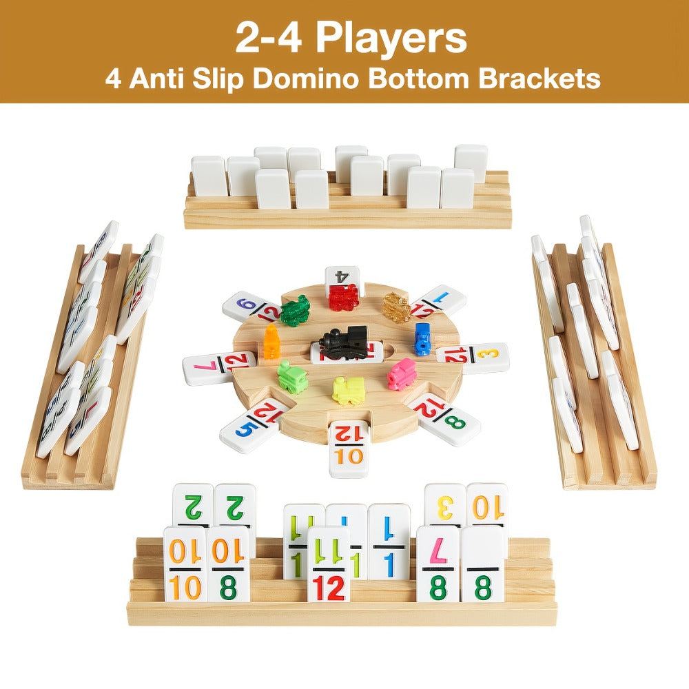 Mexican Train Dominoes Double 12 Set – 91 Colorful Tiles, 9 Metal Trains & 4 Wooden Racks, Complete Strategy Board Game with 