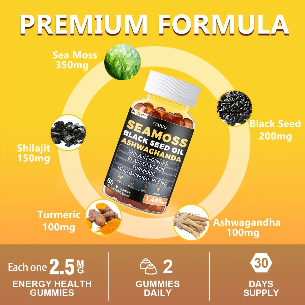 Sea Moss Gummies 1445mg with Shilajit Black Seed Oil Ashwagandha Elderberry Chlorophyll Turmeric Bladderwrack Ginger — image 