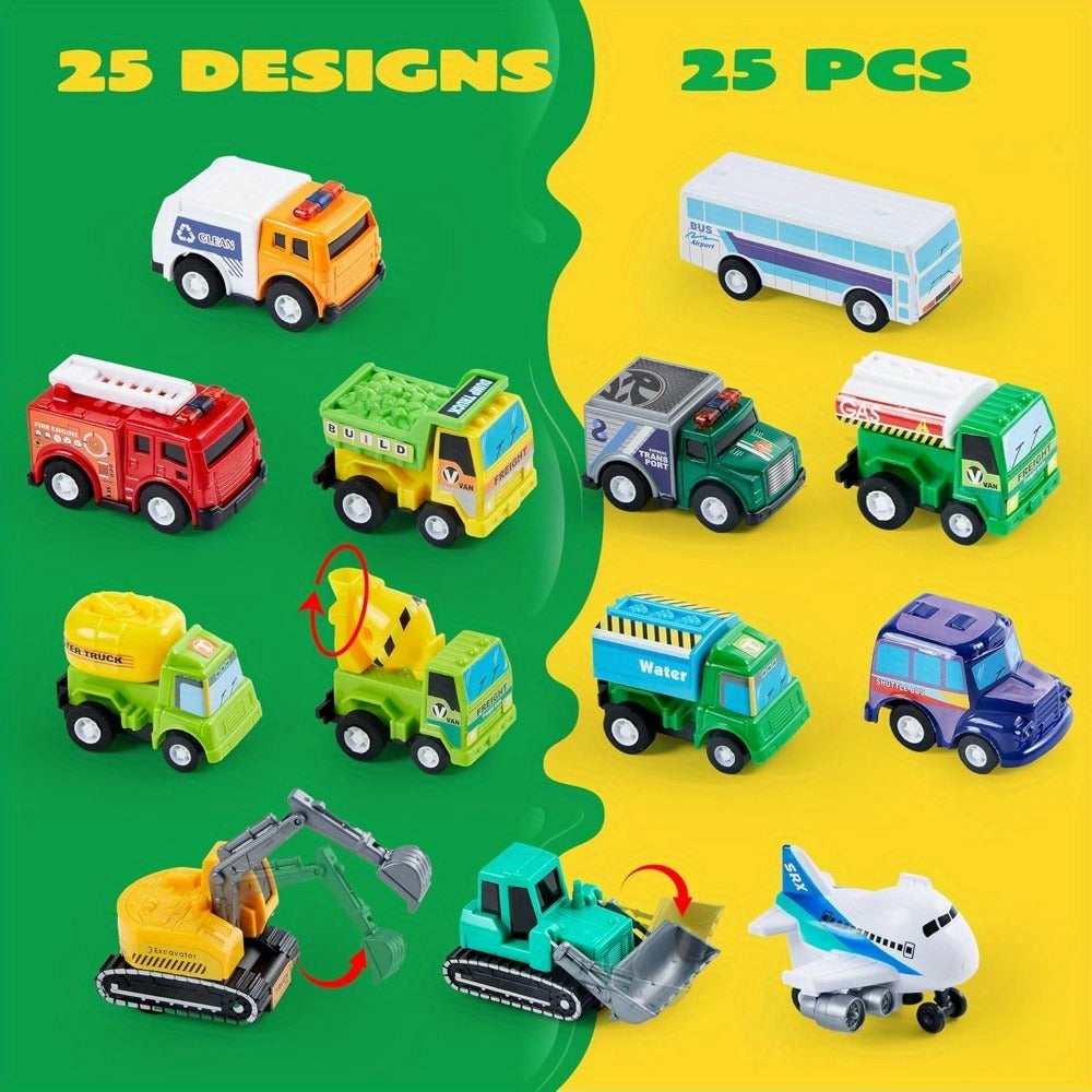 25PCS Pull Back Cars & Trucks Toy Vehicle Set for Kids, Fire Truck, Police Car, School Bus & More — image 4