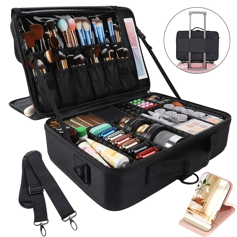 Black 15.8-Inch Soft Makeup Train Case with Three-Layer Interior, Brush Panel and Shoulder Strap — image 18