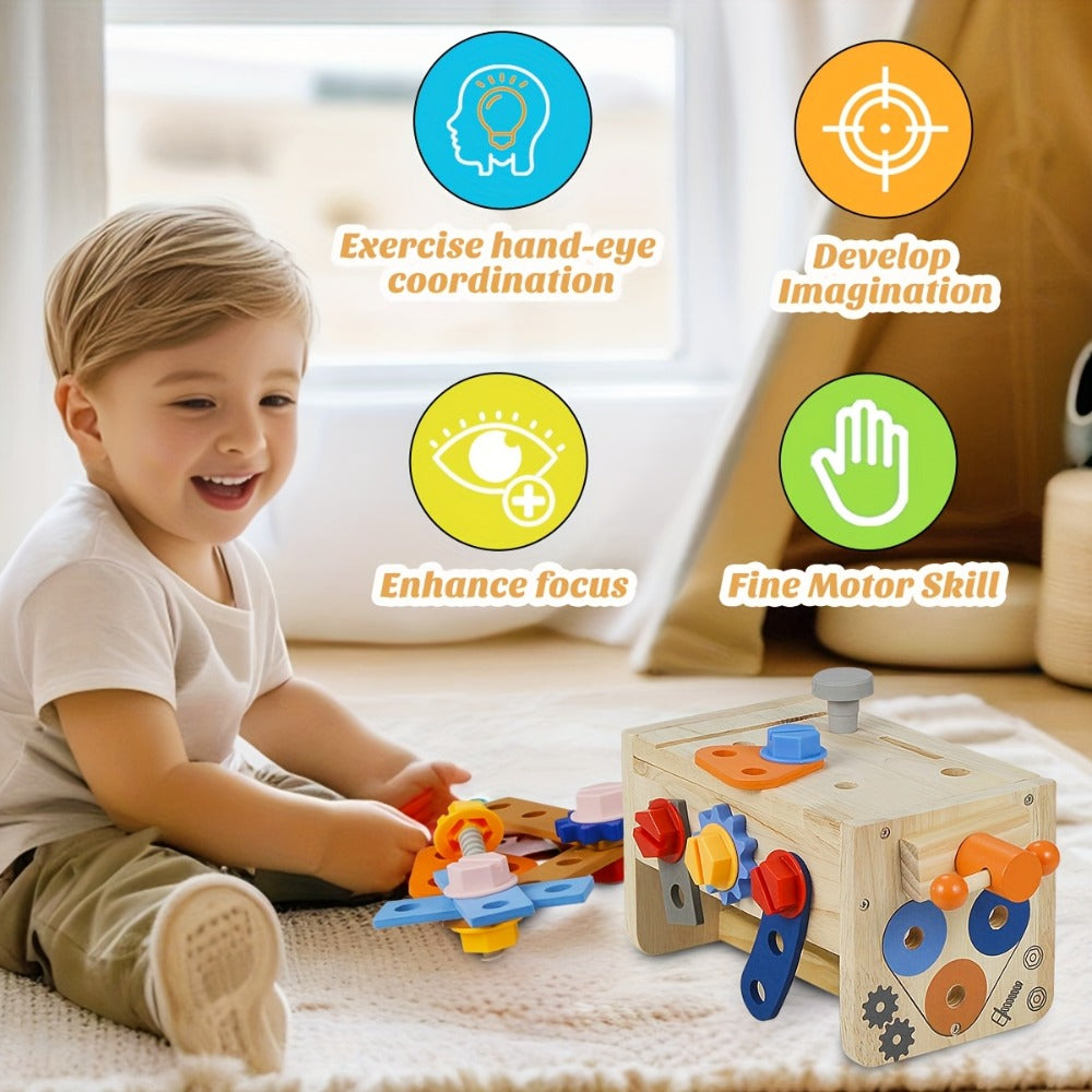 39-Piece Wooden Pretend Tool Set with Vest, Toolbox, Instruction Sheet and Six Example Builds — image 4