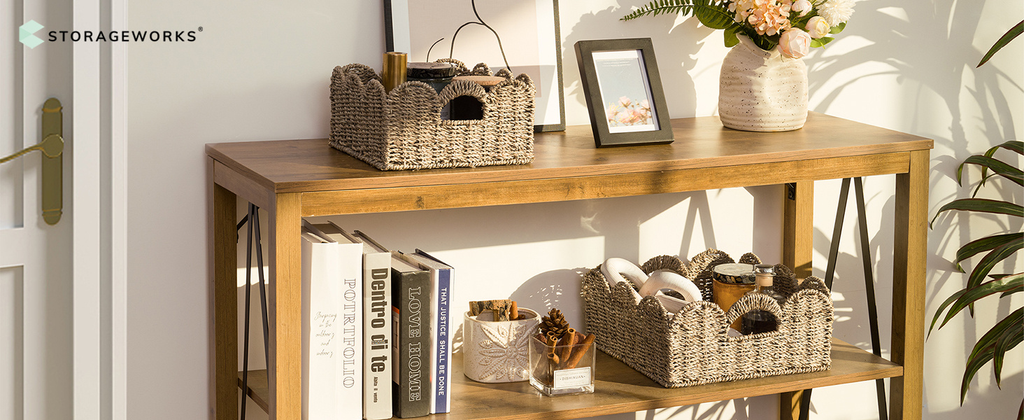 Scalloped Wicker Storage Baskets Set of 2 with Handles in Water Hyacinth or Seagrass Weave — image 16