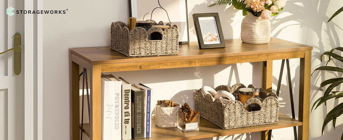 Scalloped Wicker Storage Baskets Set of 2 with Handles in Water Hyacinth or Seagrass Weave — image 16