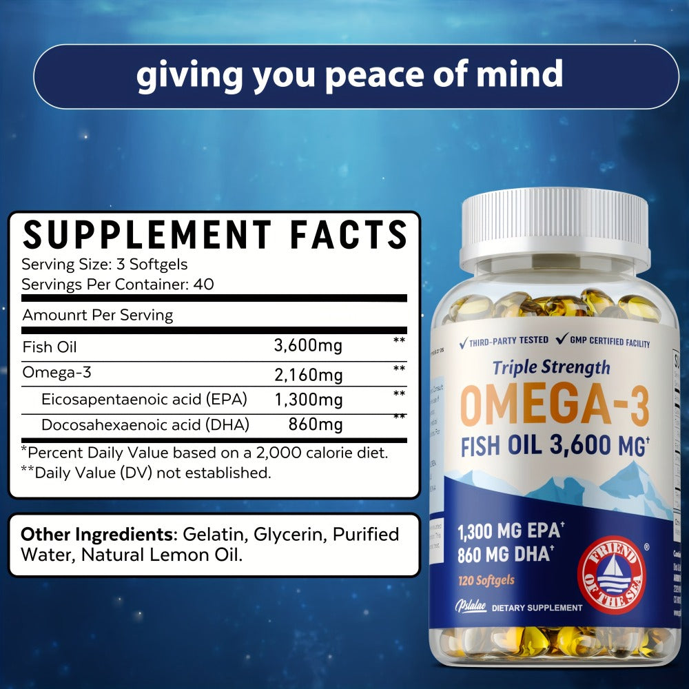 Triple Strength Omega 3 Fish Oil 120 Capsules with High EPA & DHA for Eye, Brain & Heart Health, Joint & Immune Support for M