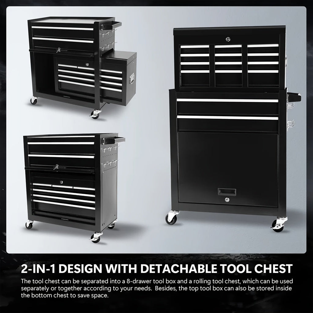 Rolling Tool Chest, 8-Drawer Alloy Steel 2-in-1 Mobile Workbench Detachable Top Lockable Wheels Garage for Garden — image 3
