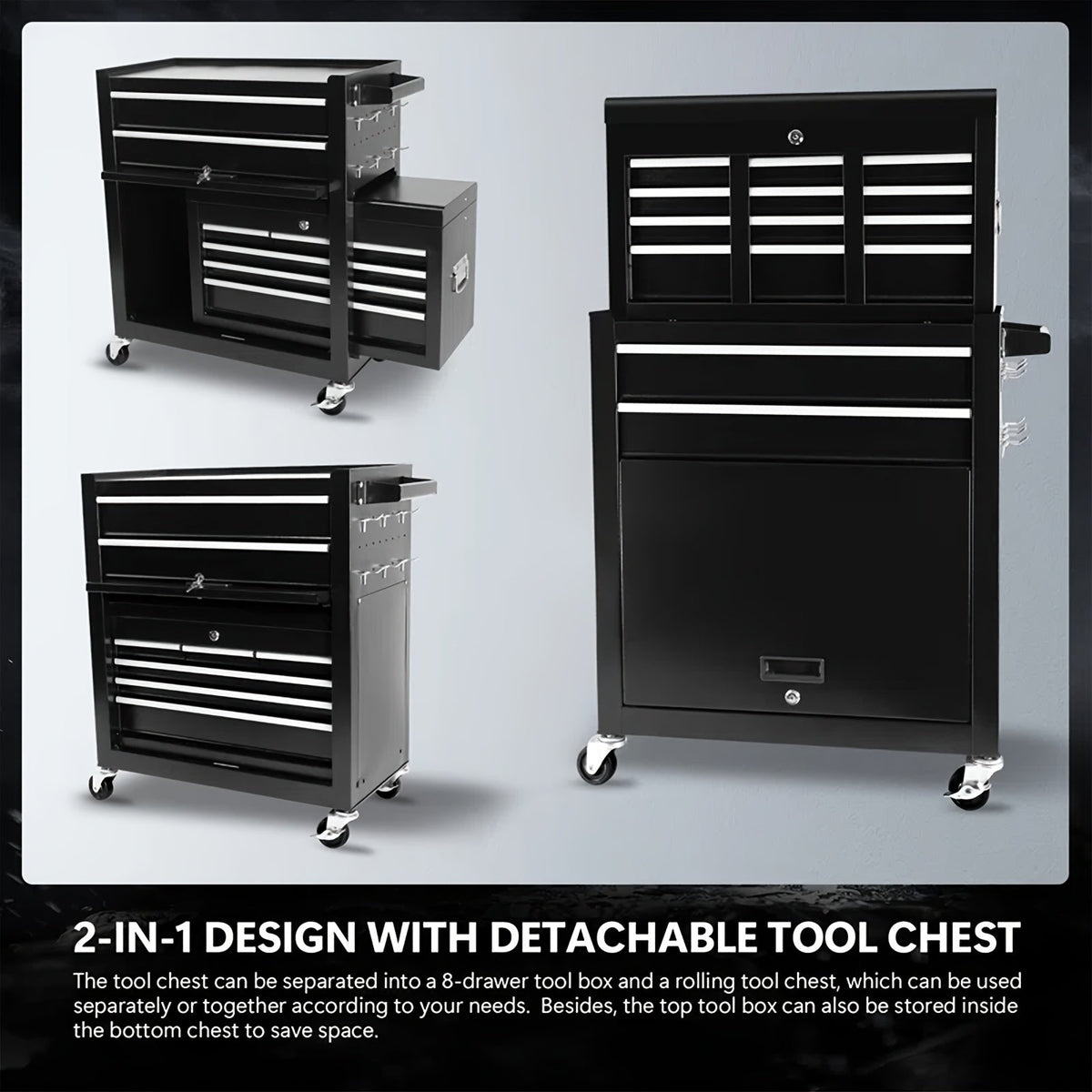 Rolling Tool Chest, 8-Drawer Alloy Steel 2-in-1 Mobile Workbench Detachable Top Lockable Wheels Garage for Garden — image 3