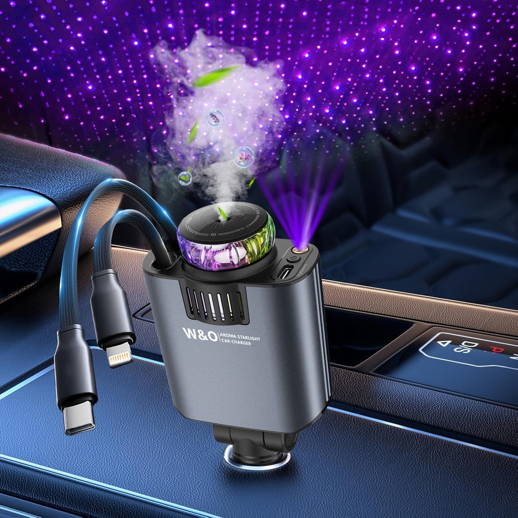 3-in-1 Car Charger, Air Freshener & Starry Sky Ceiling Light – Retractable Type-C & Lightning Cable, Aromatherapy Perfume — i