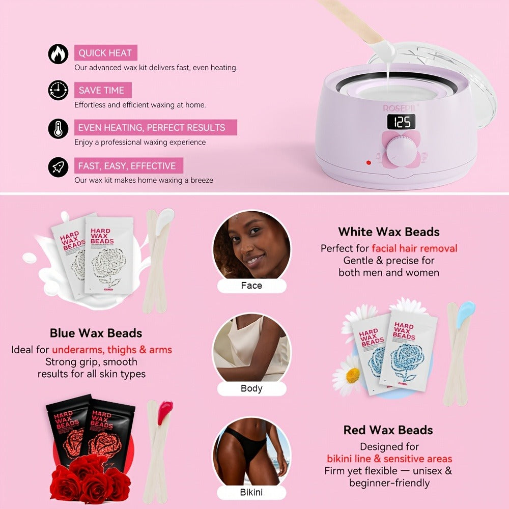 Wax Hair Removal Kit Digital Wax Pot with 6 Wax Bead Packets – Smart Temperature Control Salon-Grade Waxing Set for Body Biki