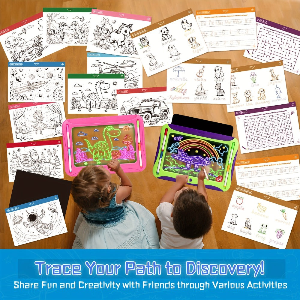 LED Light Up Drawing Board for Kids, 9 Double-Sided Tracing Cards 6 Markers Glow Doodle Travel Art Toy for Girls Boys Ages 3-