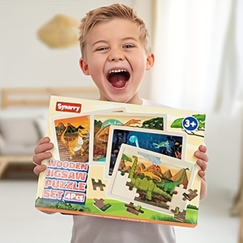 Dinosaur Puzzle Set for Kids Ages 3-8 Wooden 4-in-1 Jigsaw with 24 Pieces Each, Colorful Preschool Educational Toy for Boys &
