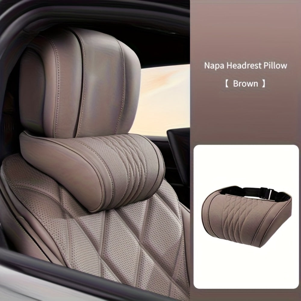 Car Neck Pillow Nappa Leather Headrest – Memory Foam Lumbar Support with Embroidery, All-Season Universal Car Interior Access