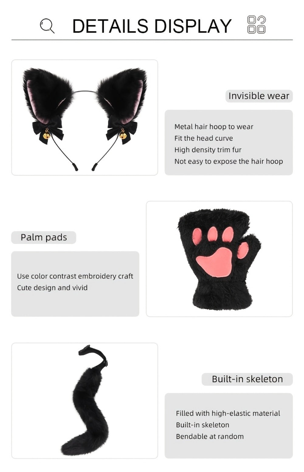 Cat Costume Set 3 Piece, Bell Ear Headband, Plush Paw Gloves & Adjustable Tail for Halloween, Cosplay — image 19