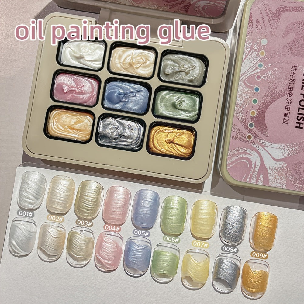 Pearlescent Nail Gel 9-Grid Shell Shimmer Mother of Pearl Cream Oil Painting Gel Polish Set – Multicolor Glitter Iridescent S