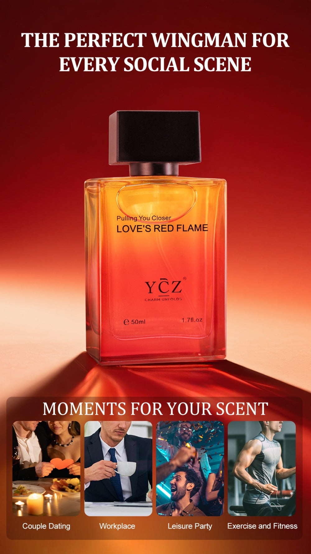 Cologne Eau de Parfum for Men YCZ LOVE'S RED 1.7 fl oz Spray with Red Glass Bottle and Box — image 11