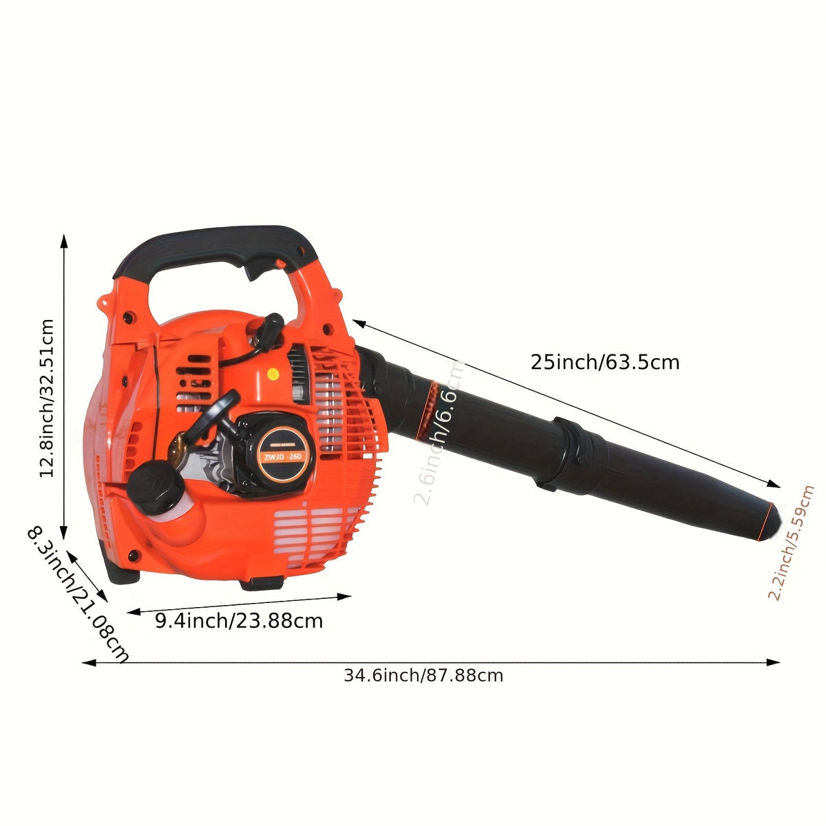 26CC Two-Cycle Gas Leaf Blower in Orange with Handheld Body, Two Straight Tubes, Fuel Container and Funnel — image 6
