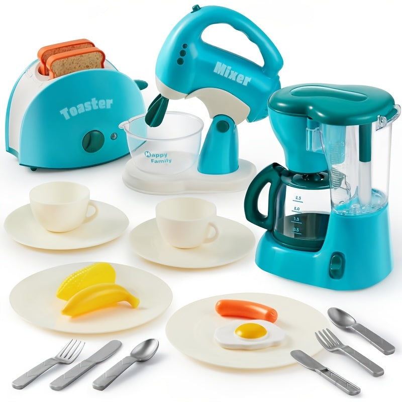Kids Play Kitchen Toy Set with Realistic Coffee Maker, Toaster & Blender, 26PCS Pretend Play Kitchen Appliances for Toddlers 