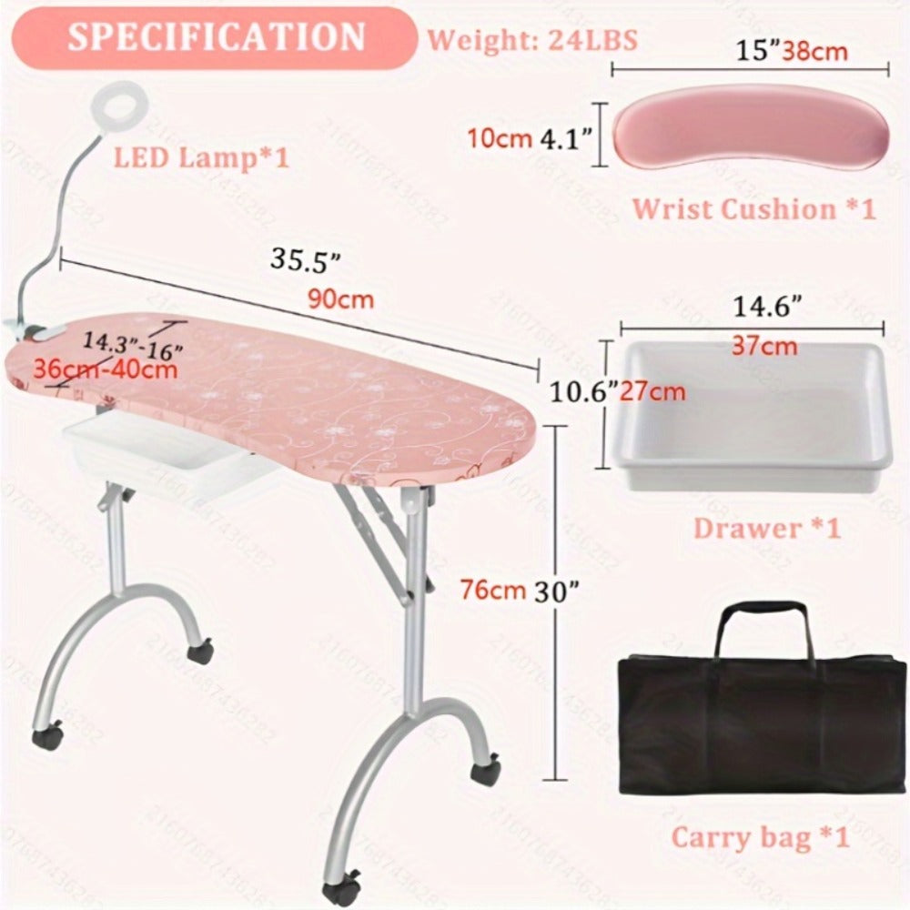 Foldable Nail Table with LED Lamp Drawer Lockable Wheels Wrist Cushion & Carrying Bag, Portable Manicure — image 5