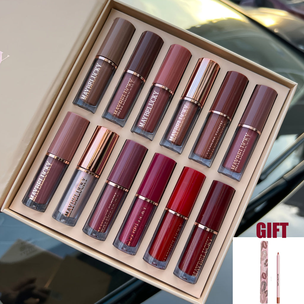 Liquid Lipstick Set 12 Pcs Velvet Matte, Non-Transfer Shimmer & Nude Shades in Elegant Book-Style Gift Box — image 1