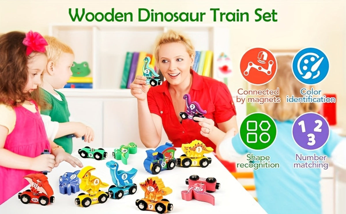 Magnetic Dinosaur Number Train Set for Kids Ages 3-5, 11PCS Wooden Magnetic Train Toy with Engine & Numbered Cars — image 10