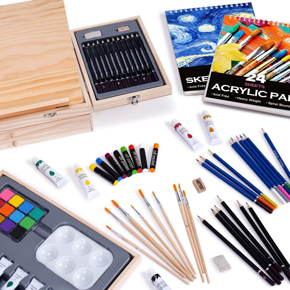 85-Piece Mixed-Media Art Set with Wooden Tabletop Easel, Paints, Pencils, Brushes and Paper Pads — image 11