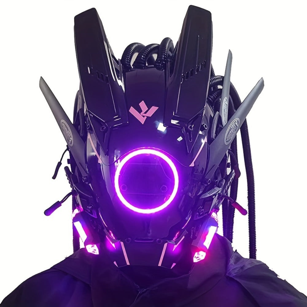 LED Braided Cyberpunk Costume Helmet with Circular Face Light and Blue, Green or Pink Accent Styles — image 7