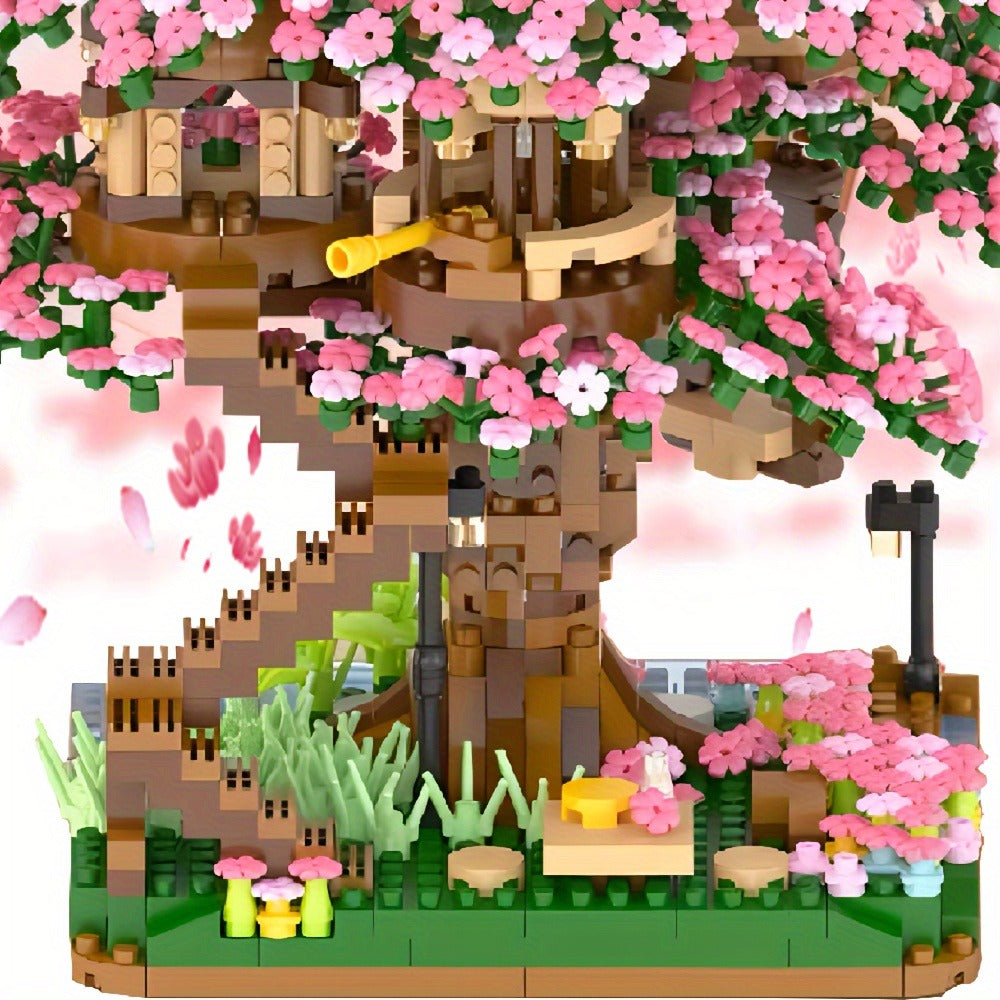 Building Block Set Cherry Blossom Tree House, 1020 or 2028 Micro Pieces with Pink Canopy and Base Display — image 8