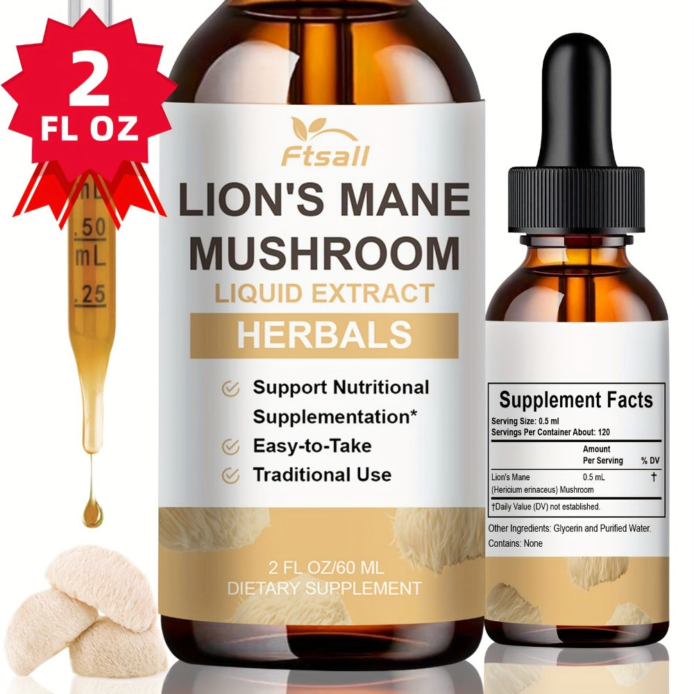 Lion's Mane Mushroom Liquid Drops 2fl oz Natural Herbal Extract for Brain Support, Focus, Memory & Cognitive Clarity for Men 