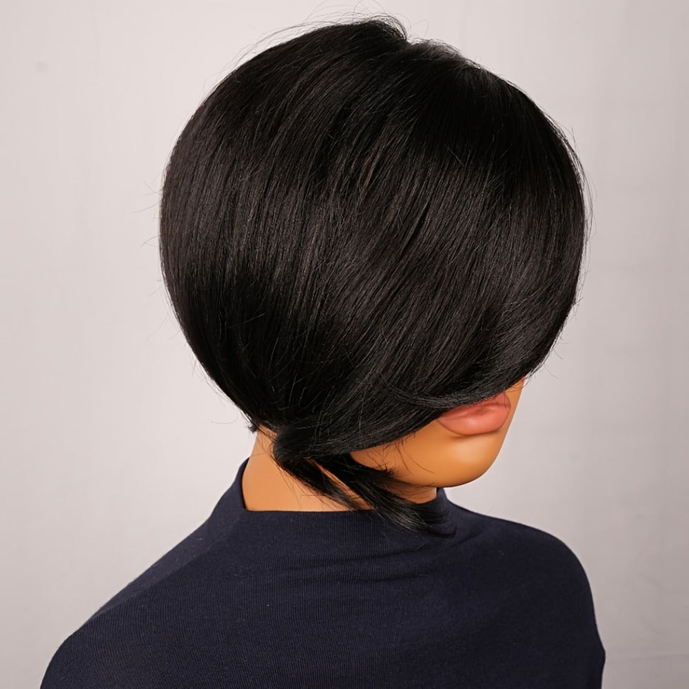 Layered Pixie Human Hair Wig with Side Bangs in #4 Brown, #99J Burgundy or #1 Black Color Options — image 16
