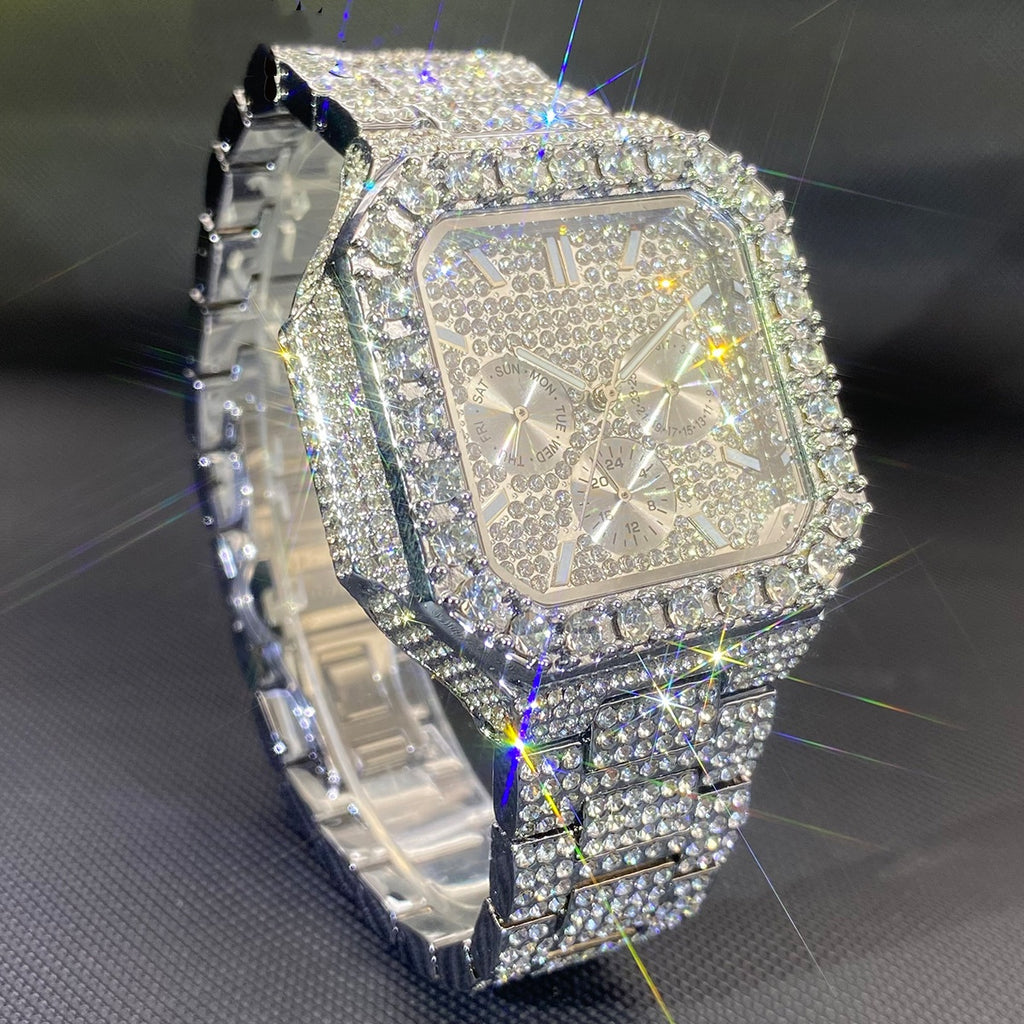 European And American Hip-hop Men's Watch Square-shaped Fully Diamond-encrusted Multi-functional