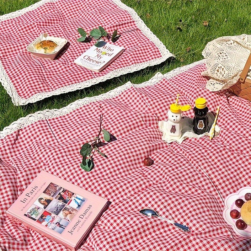 Tablecloth in Red Gingham Plaid with White Lace Edge for Picnic, Camping and Photo Backdrop Use — image 3