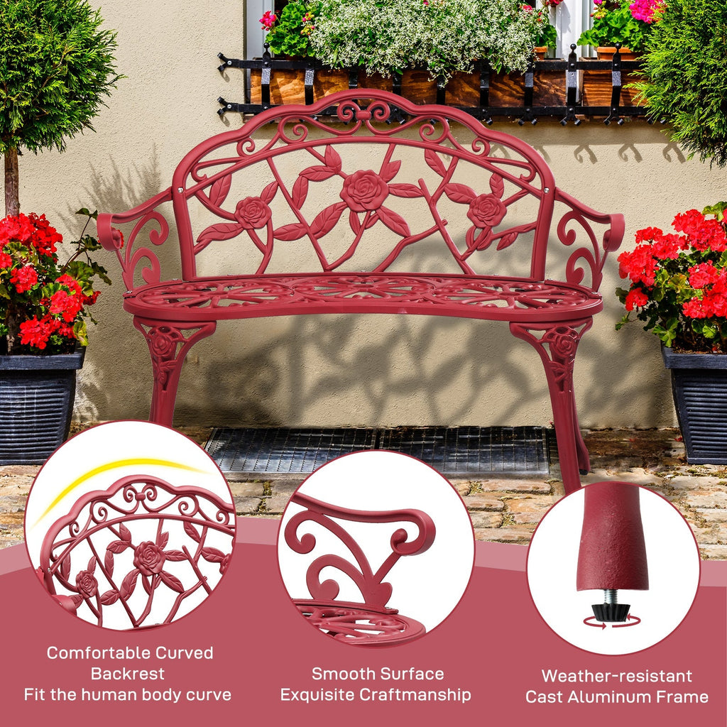 Floral Metal Outdoor Bench with 38.5in Rose-Pattern Seat and Back, Curved Arms and Four Color Options — image 13