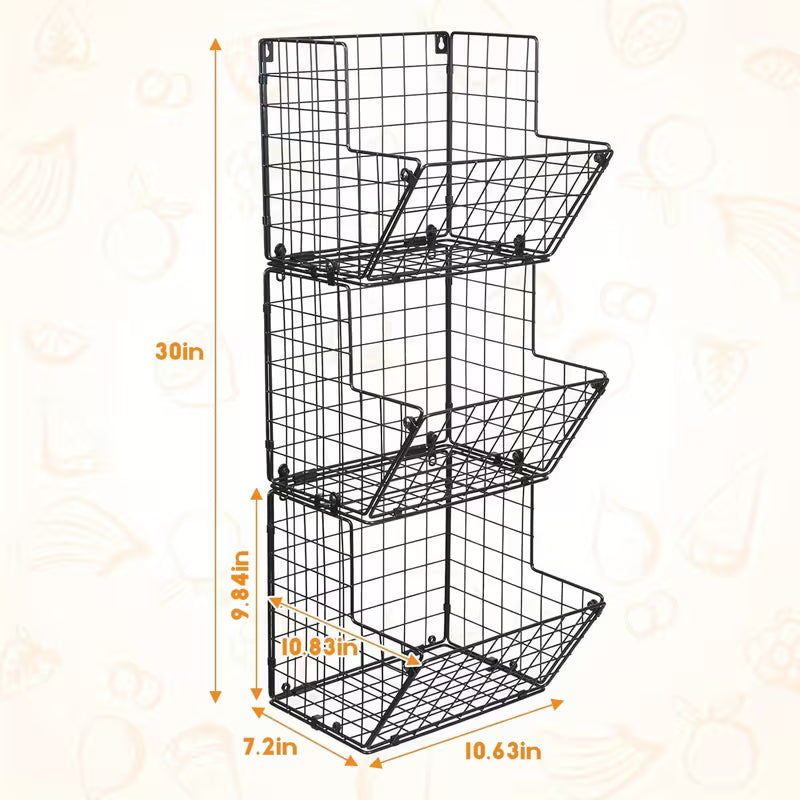 3-Tier Wall Mount Metal Wire Storage Basket with 5 S-Hooks