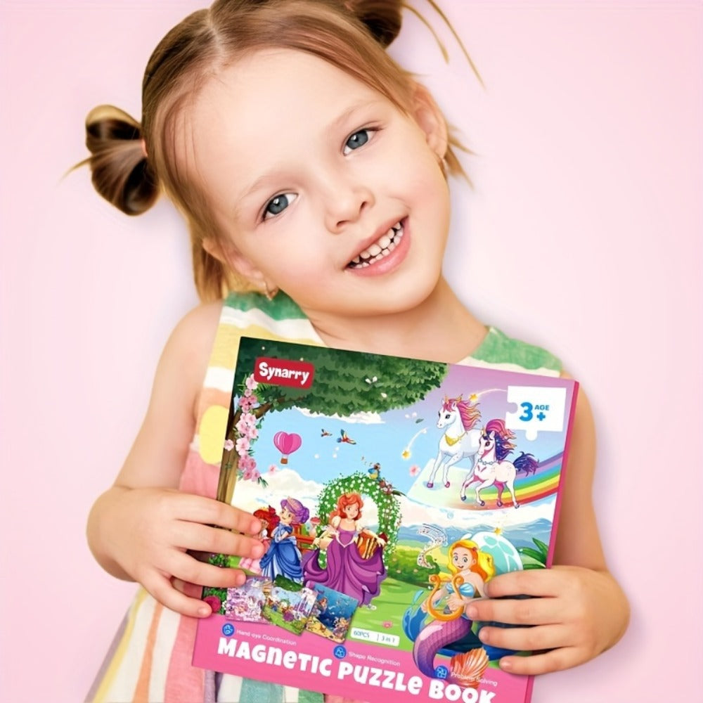 Magnetic Puzzle Book for Girls 3 4 5 6, 3-in-1 Unicorn Mermaid Princess Travel Puzzles, 20 Pieces Folding Magnetic Jigsaw for