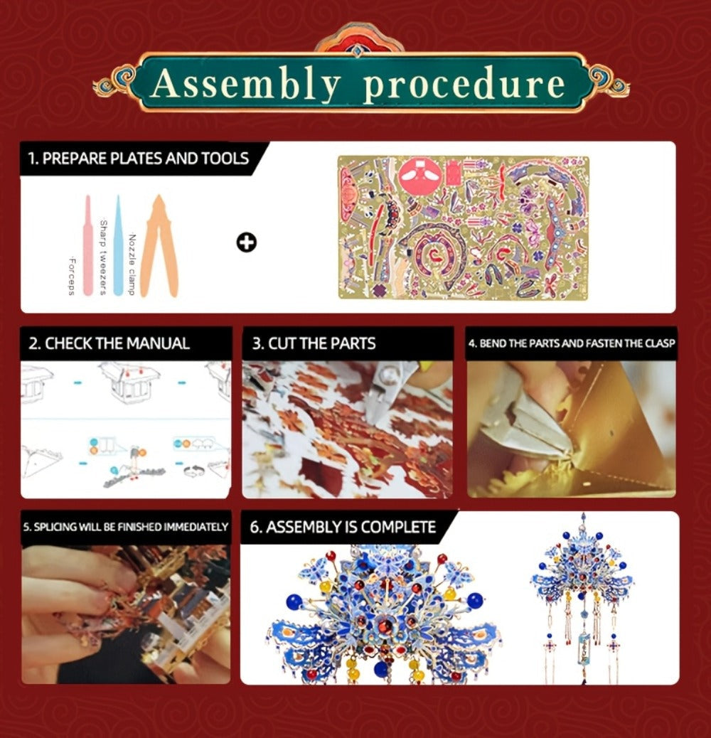 3D Metal Puzzle Phoenix Crown Qingluan – Blue & Gold DIY Assembly with Beads & Tassels, Chinese Mythology Art Collectible — i