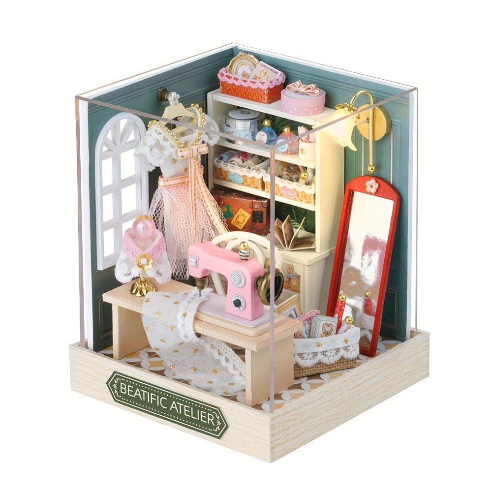 DIY Miniature Shop Dollhouse Kit with Dust Cover, Wooden Mini Store Assembly Set, 4 Themes Sakura Noodles Candy Atelier Coffe
