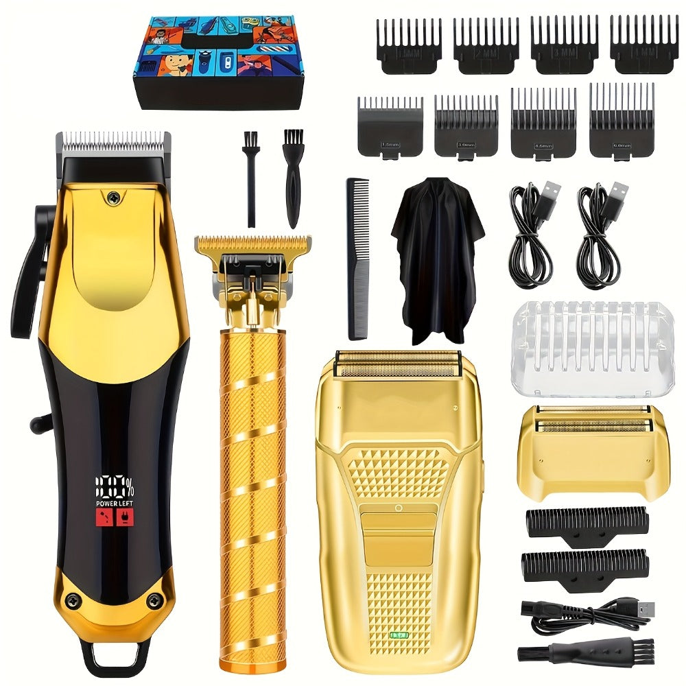 Men's Grooming Kit Hair Clipper Set USB Rechargeable LCD Display – Professional Clipper Razor T-Blade Trimmer 8 Guide Combs &