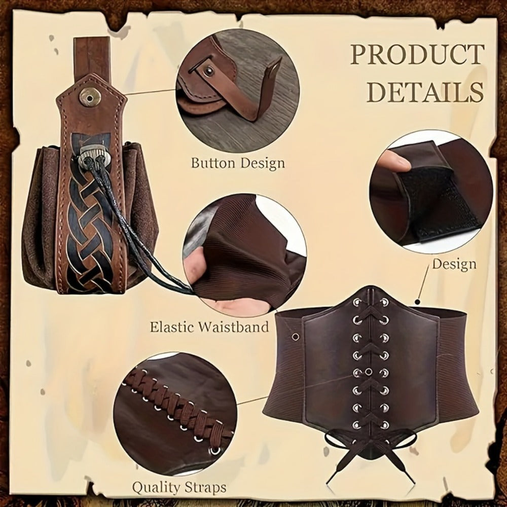 Renaissance Corset Set 5-Piece Ladies – Medieval Belt Pouch Potion Bottle Waist Protector, Women Halloween LARP Cosplay Renai
