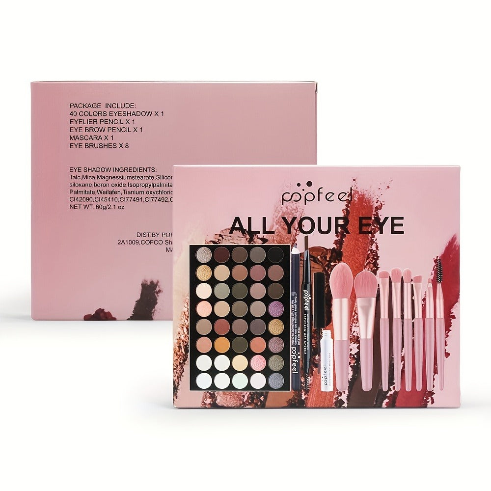 40 Shade Eye Makeup Gift Set with Eyeshadow Palette, Brush, Eyeliner & Eyebrow Pencil, for Makeup, Travel and Everyday Vanity