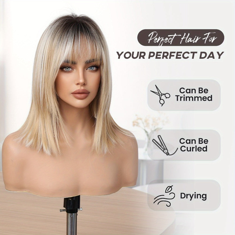 Synthetic Wig 16-Inch Gradient White-Golden Straight Style with Bangs and Adjustable Rose Net Cap — image 6