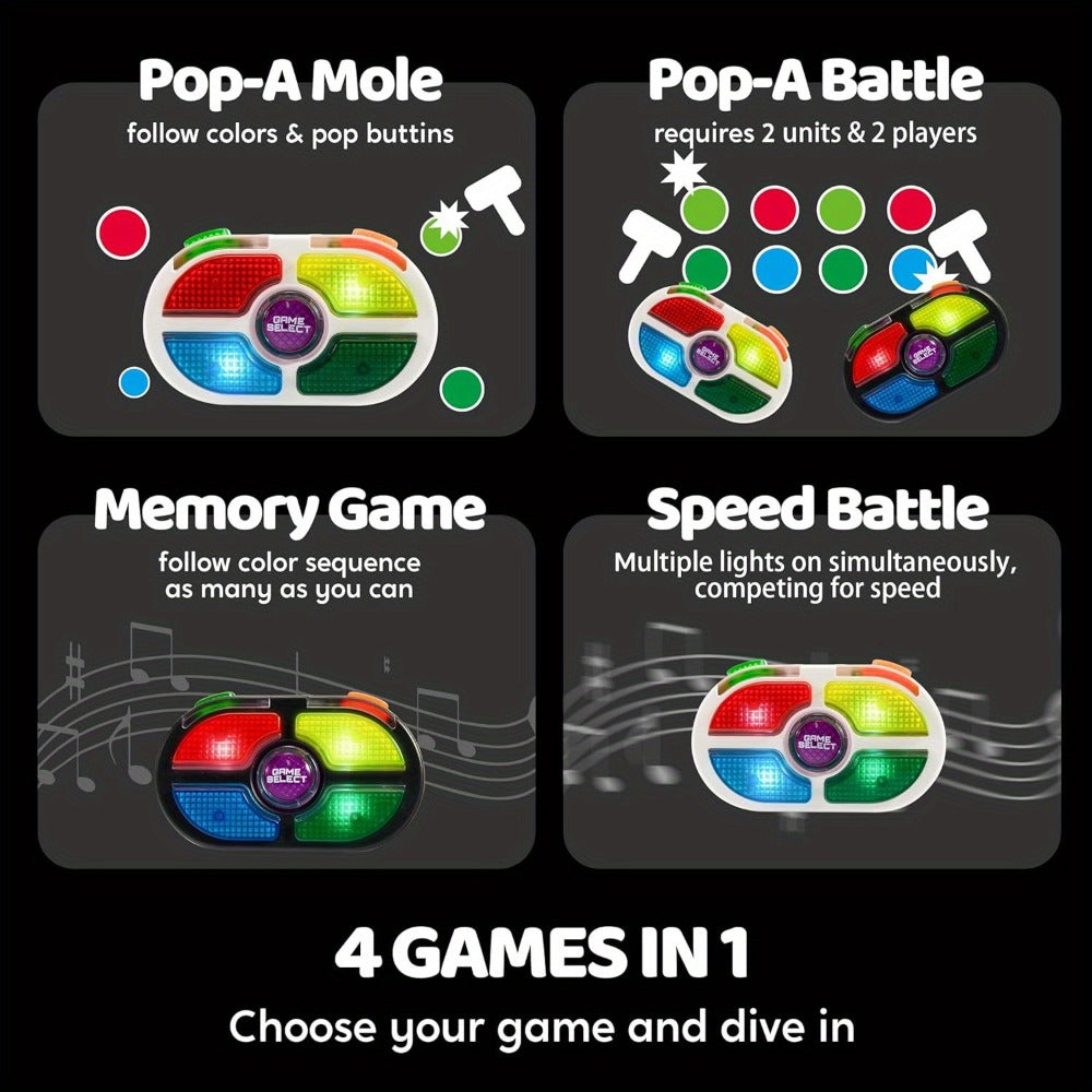 Portable Handheld Gaming Device 2-Pack, 7-Button Electronic Game with 4 Modes, Light & Sound, Memory & Speed Battle for Kids 