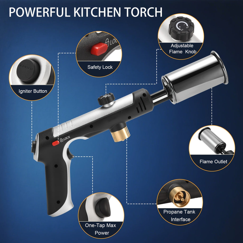 Propane Torch Gun with Safety Lock & One-Touch Max Fire, Adjustable Flame Butane Burner for Searing Steak — image 2