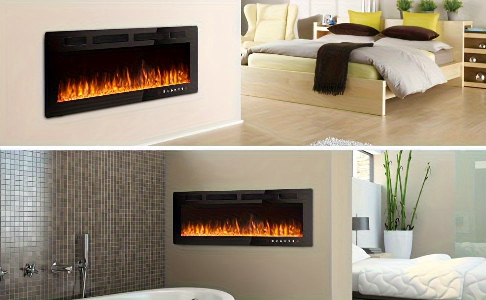 Wall Mounted Electric Fireplace Recessed In-Wall Linear Heater Multicolor Flame 750W/1500W Touch Screen for Garden, Patio and