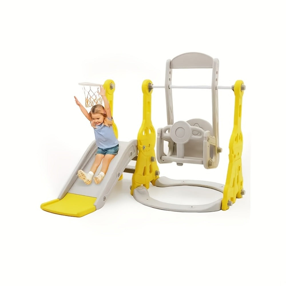 4-in-1 Toddler Slide and Swing Set with Climber Basketball Hoop Outdoor Indoor Backyard Playground Playset for Kids Ages 1-6 