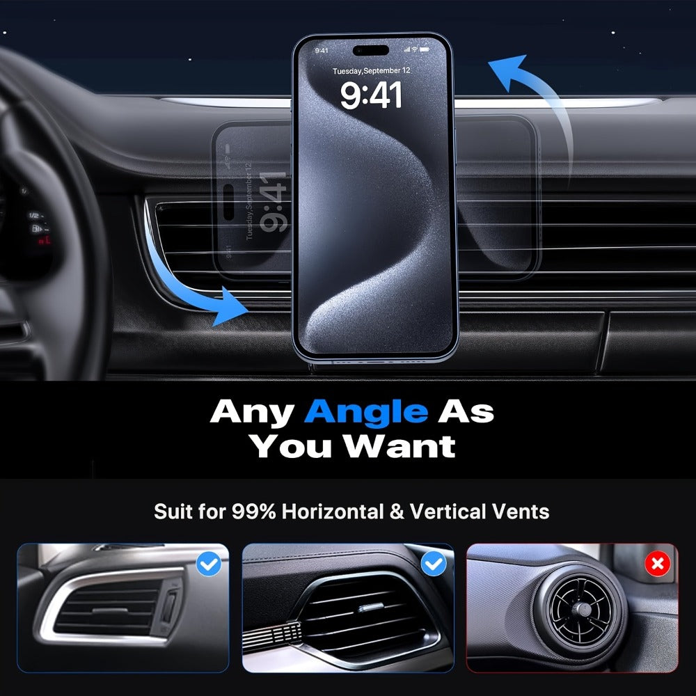Magnetic Wireless Car Charger Phone Mount 15W Fast Charging – 360° Rotation Air Vent Car Phone Holder Compatible with iPhone 