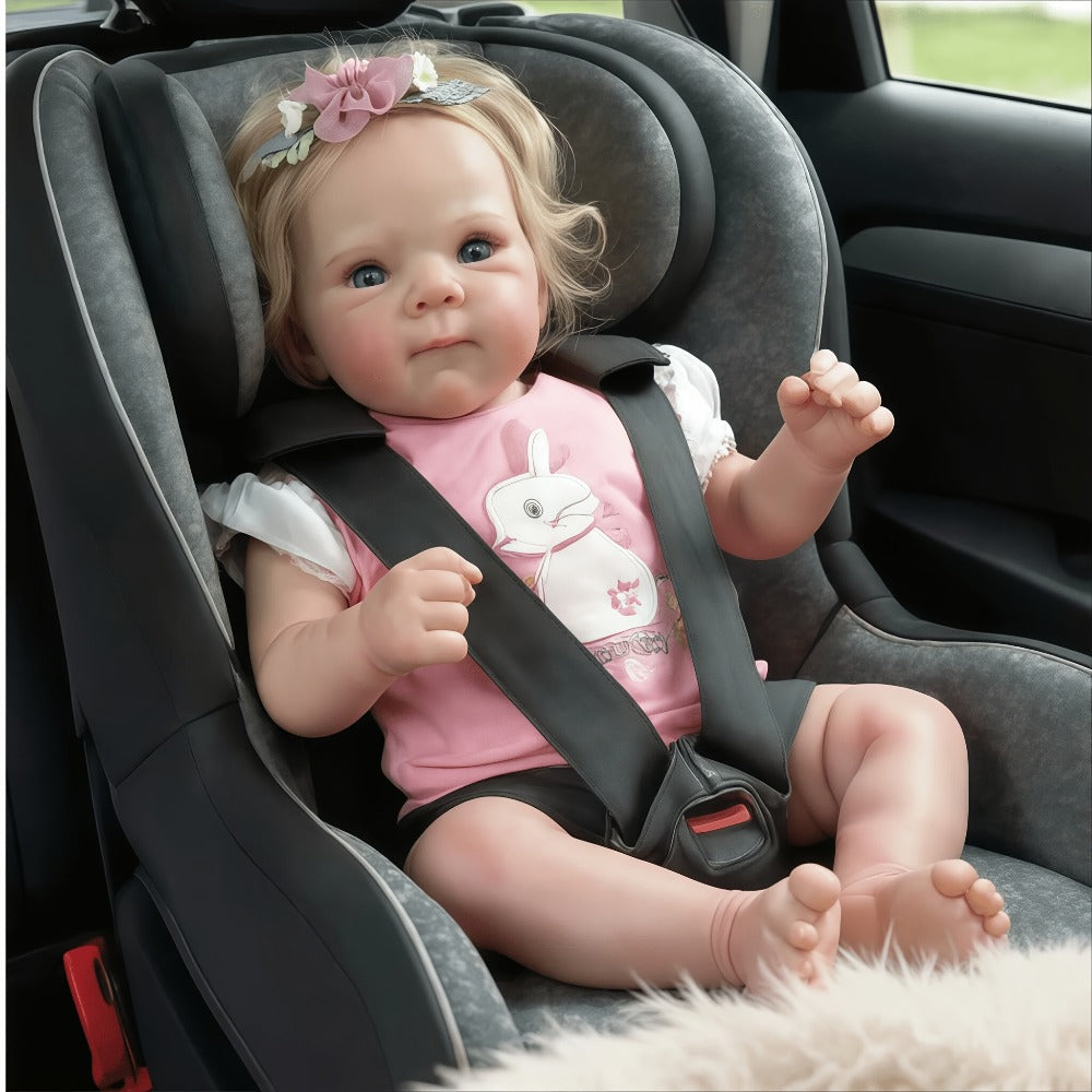 Reborn Baby Doll 16-Inch Cloth Body with Rooted Blonde Hair, Open Eyes, Pink Romper and Pacifier Set — image 11