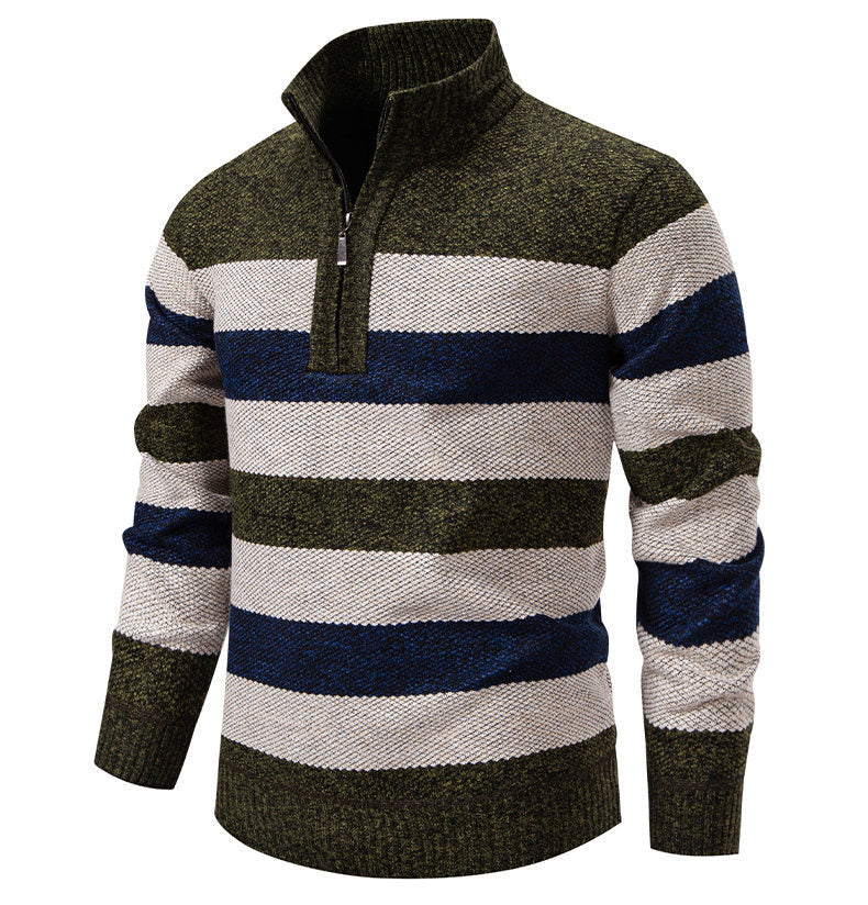 Mens Color-Block Stand-Up Collar Half-Zip Fleece-Lined Thermal Sweater