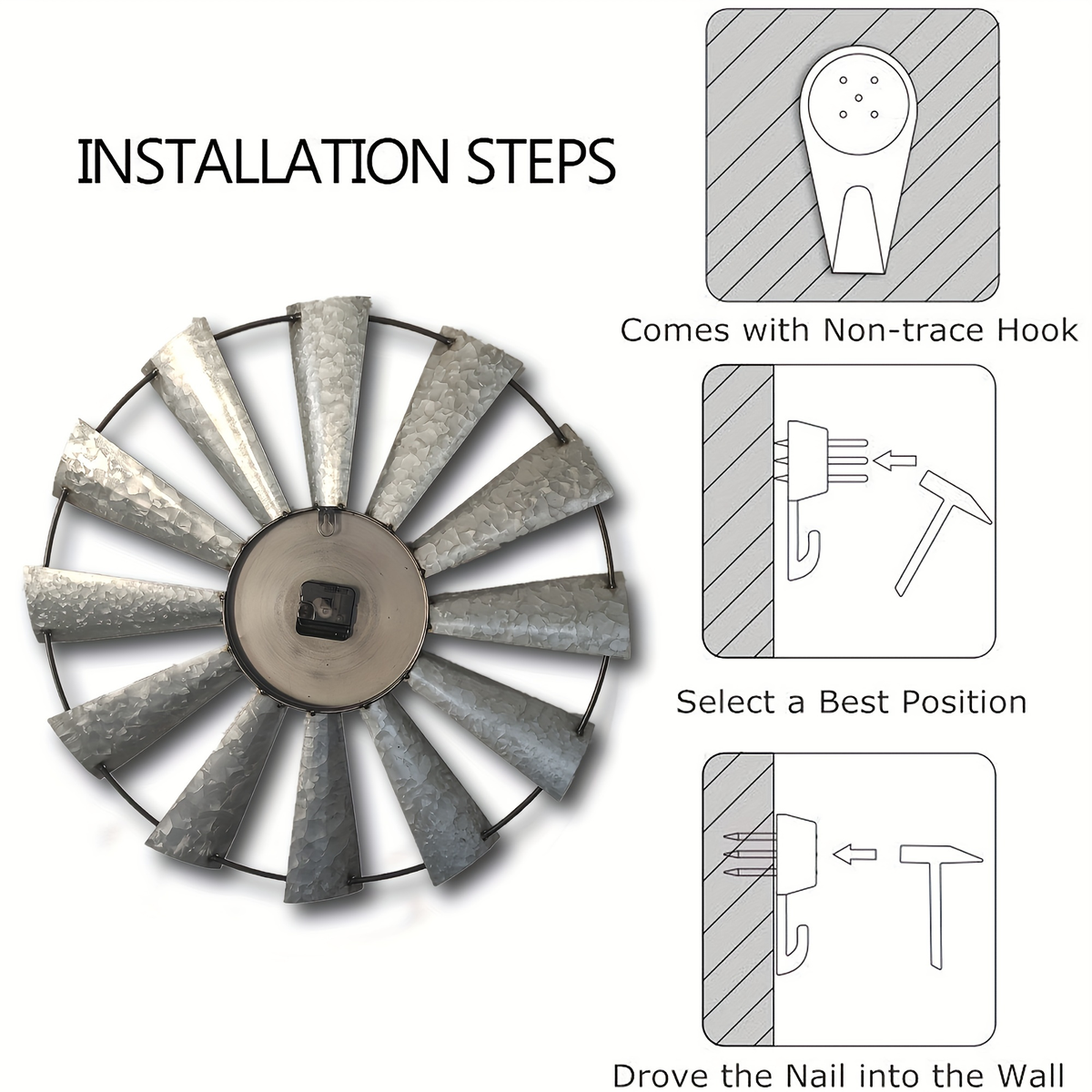 24-Inch Windmill-Style Metal Wall Clock with Galvanized-Look Silver Blades and Brown Analog Center — image 7