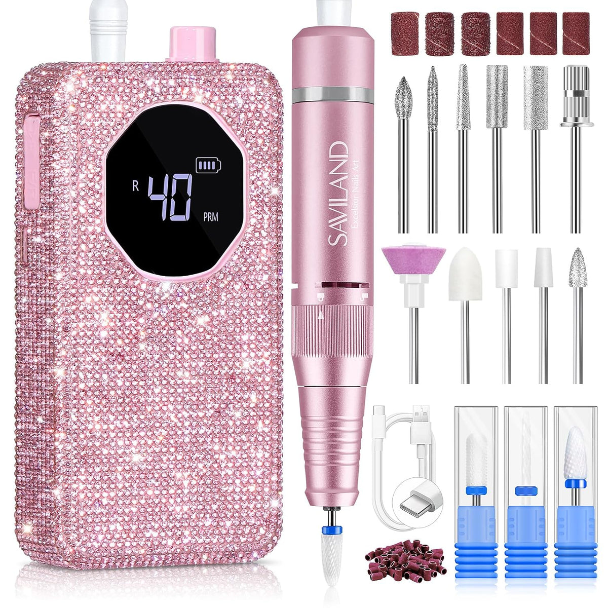 Electric Nail Drill 40000 RPM Rechargeable Professional Nail Drill Machine 4000mAh Battery LCD Display Ceramic Bits Sanding B